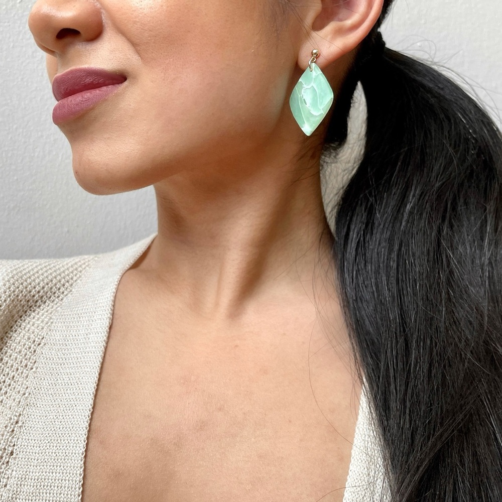 Handmade Modern Clay Earrings | Green & Blue | 14K Gold Plated Stainless Steel - Picture 2 of 4